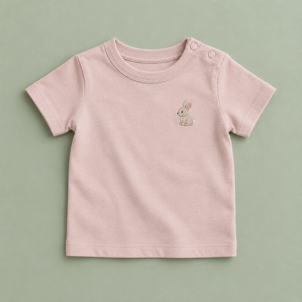 Dusty pink baby t-shirt with an embroidered bunny on the chest