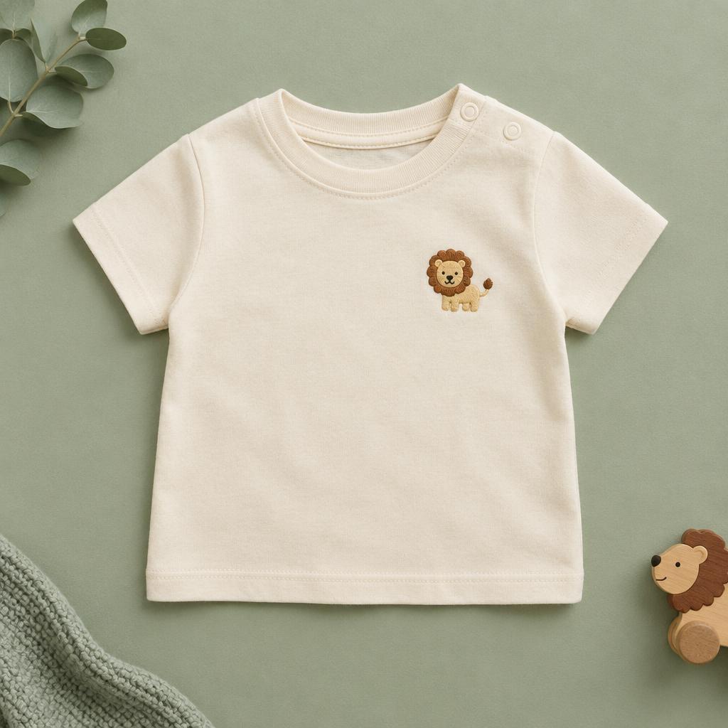 Cream baby t-shirt with an embroidered lion on the chest