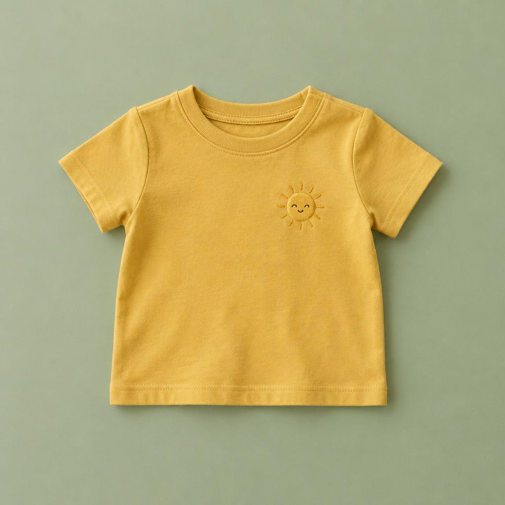 Mustard yellow baby t-shirt with an embroidered sun on the chest