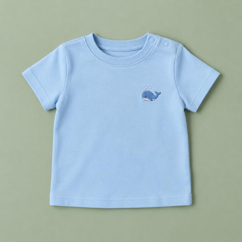 Sky blue baby t-shirt with an embroidered whale on the chest